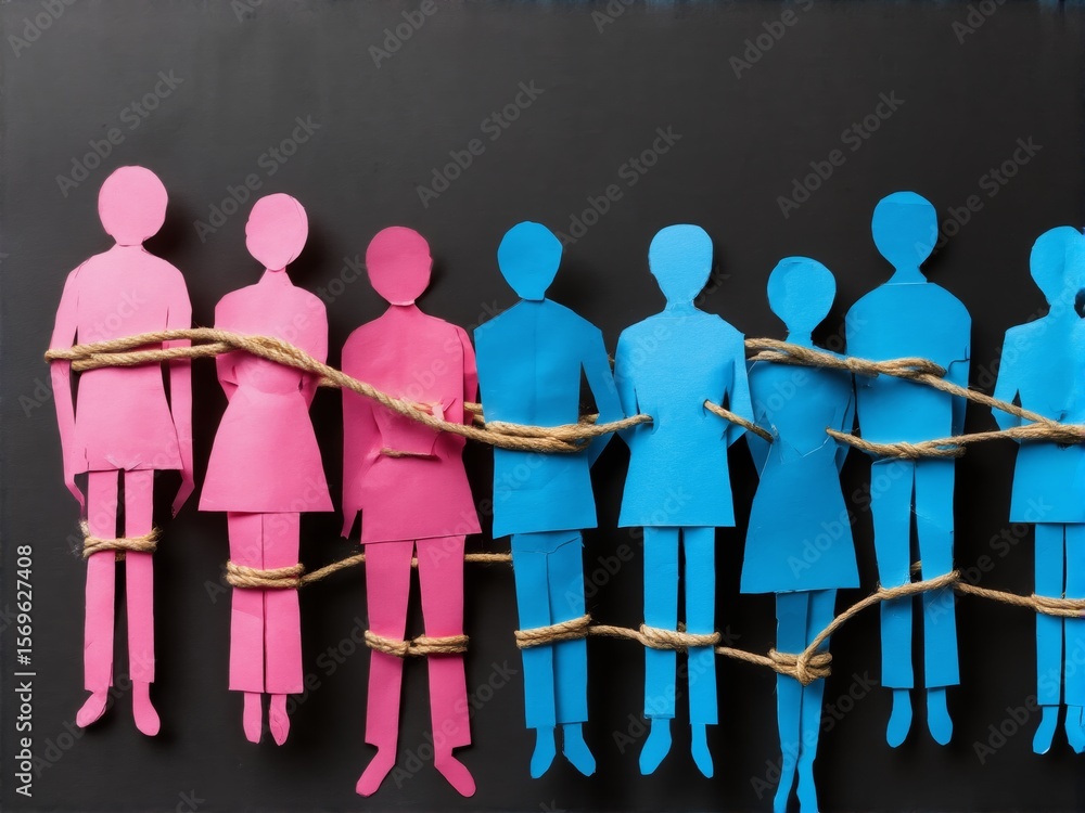 Poster unity and division through paper figures representing social bonds and struggles in vibrant shades