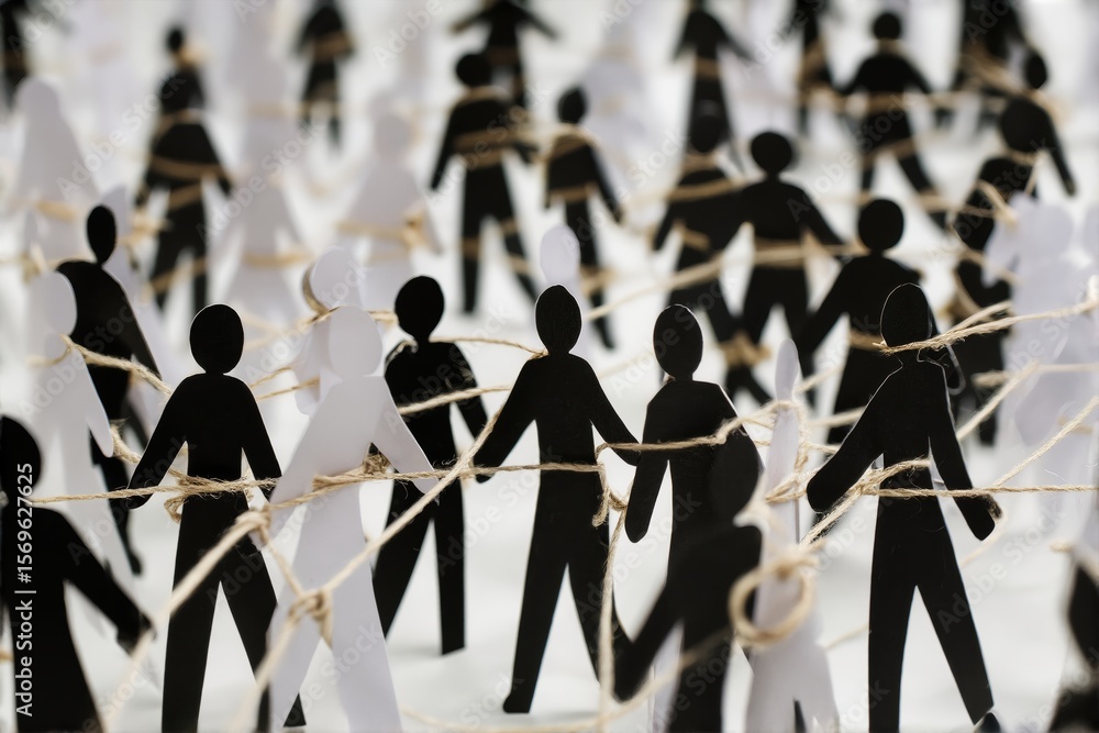 Aufkleber interconnected figures representing unity and societal ties through simple paper cutouts and twine