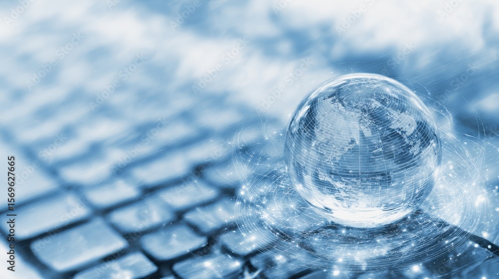 Aufkleber Close-up of a transparent glass globe resting on a modern keyboard with digital binary code and glowing light effects representing technology innovation and global connectivity
