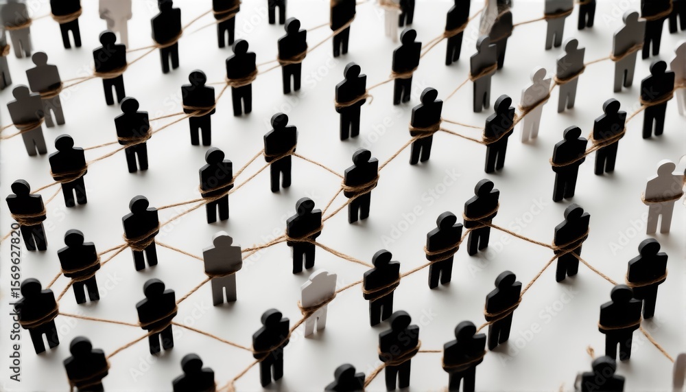 Poster connections among people symbolized with figurines and strings on white background showcasing unity 