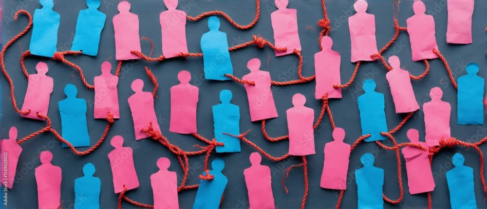 Poster social connection through tension in paper figures, representing unity and separation in vibrant col