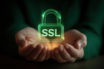 Two hands supporting a holographic SSL padlock, a futuristic concept of Secure Sockets Layer, website security, data encryption, and creating a safe online environment.