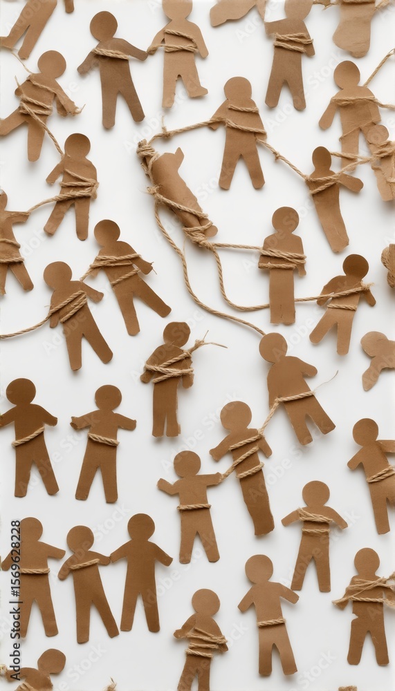 Poster colorful paper figures are intertwined with twine, illustrating a poignant contrast between unity an