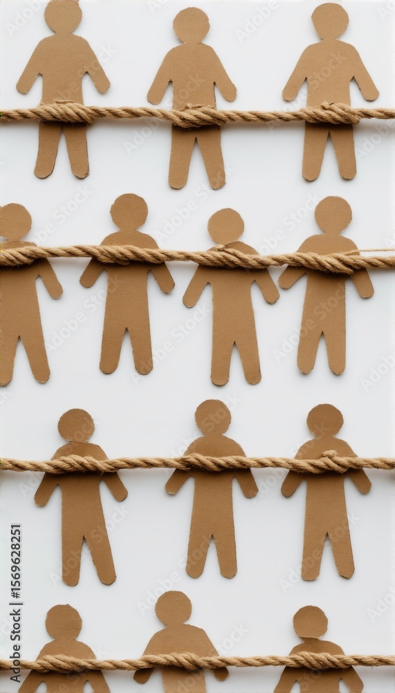 Poster struggles of equality represented through paper figures bound by rope
