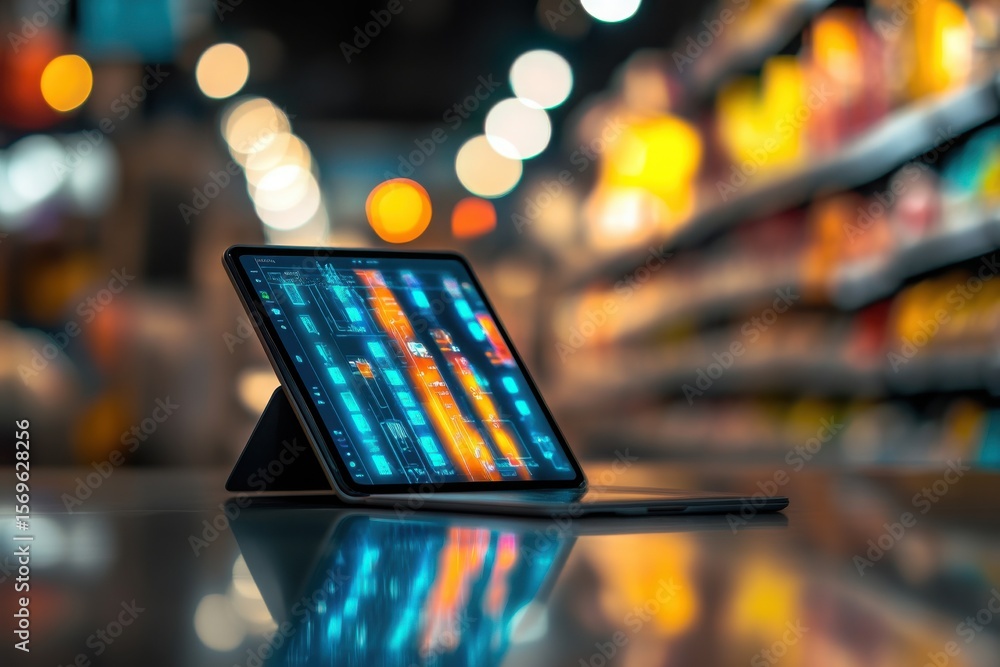 Aufkleber a tablet displaying vibrant data analytics in a colorful store aisle filled with products