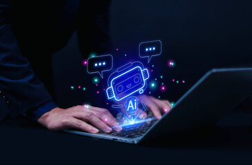Man using laptop to chat with AI Chatbot Assistant or Artificial Intelligence Technology, Hologram Robot Application and Global Connectivity 