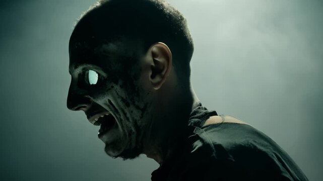 Screaming undead man with glowing eyes in dark fog