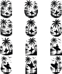 palm tree with boat silhouette, tropical boat and palm tree