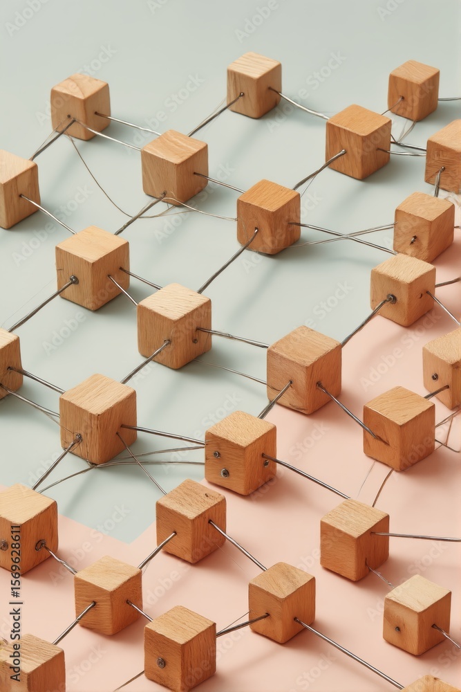 Poster interconnected wooden cubes symbolize unity and equality through design and materials