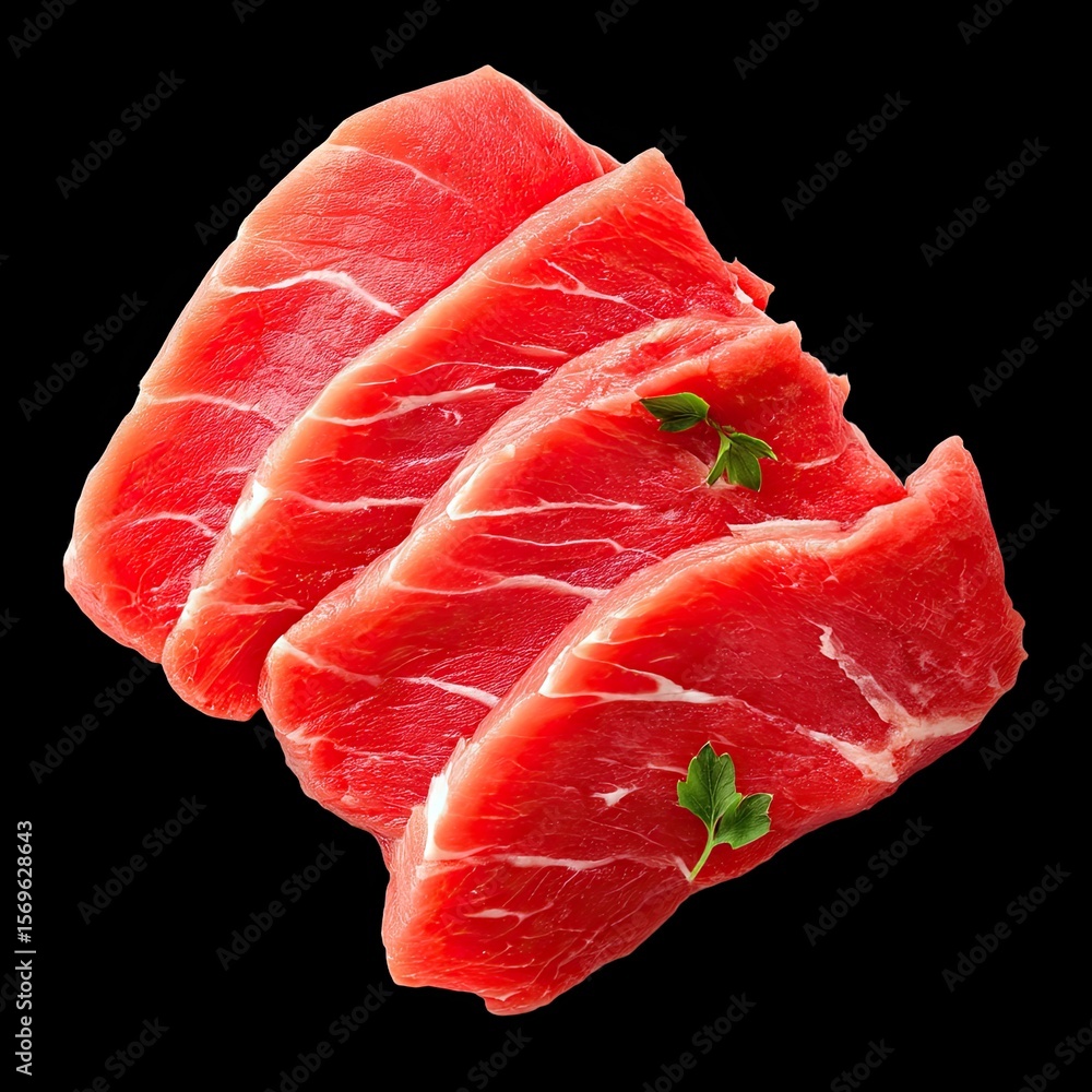 Poster fresh red beef slices arranged neatly, showcasing their vibrant color and marbling. presentation is 