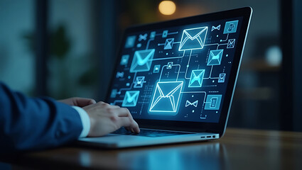 Person in suit using laptop with glowing digital network of envelopes and icons