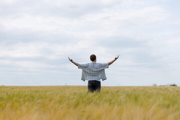 Man Embracing Nature in a Wheat Field Under a Cloudy Sky, Capturing the Essence of Freedom and...