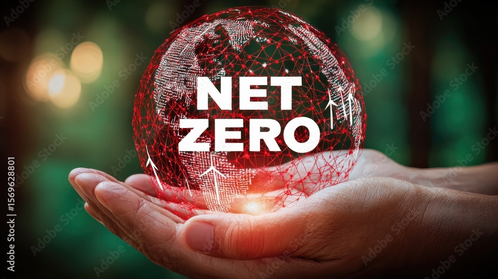 Poster hands holding a digital globe with network lines and the text net zero in a forest environment for c