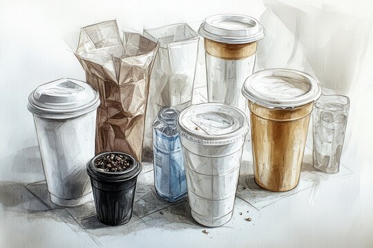 A variety of disposable coffee cups, bottles, and containers arranged on a table with a soft background