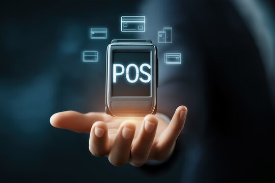 A hand supporting a holographic Point of Sale (POS) terminal, a futuristic concept of retail technology, modern payment systems, and e-commerce transactions.