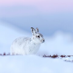 Obraz premium A fluffy white rabbit hops playfully through a blanket of fresh, glistening snow, its soft fur contrasting beautifully against the icy landscape.