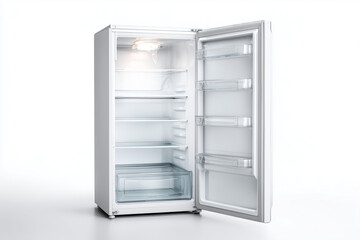 Minimal white refrigerator in kitchen isolated on white background, Selective focus plain two door fridge, Open refrigerator with empty on white background.