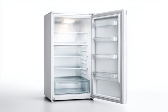 Minimal white refrigerator in kitchen isolated on white background, Selective focus plain two door fridge, Open refrigerator with empty on white background.