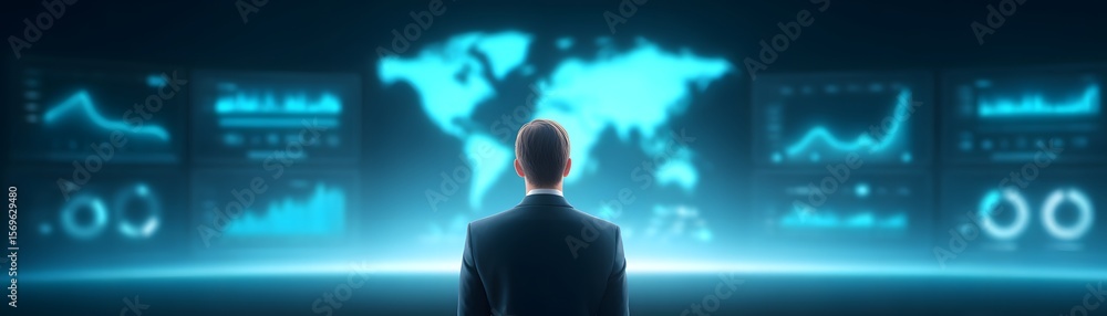 Aufkleber a person in a suit analyzes multiple glowing digital graphs and a world map on futuristic transparen