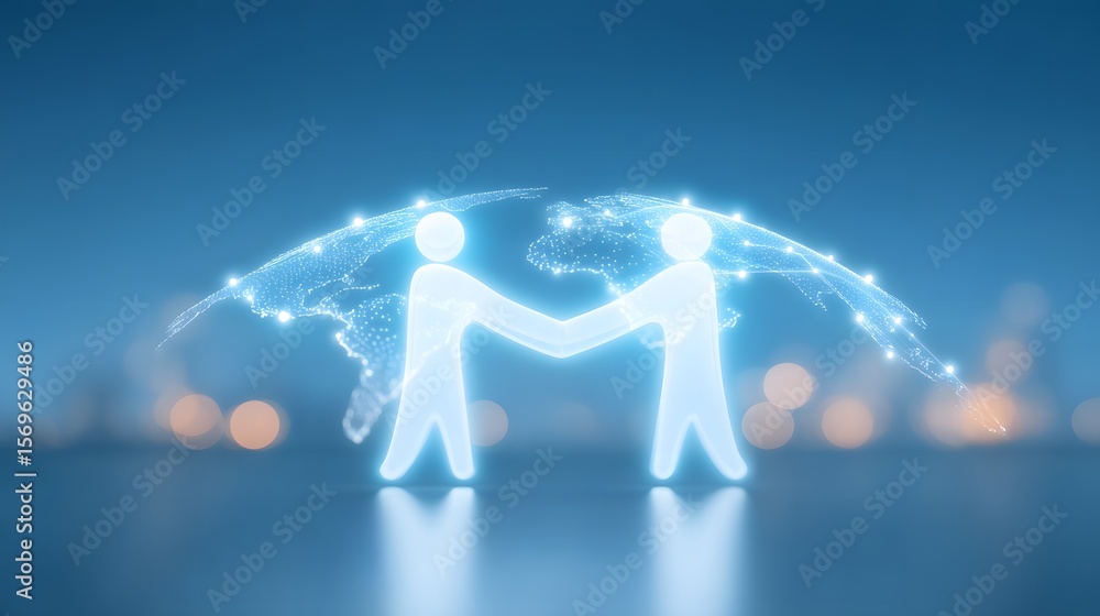 Poster two glowing human figures shaking hands under a digital globe network symbolizing global connection 