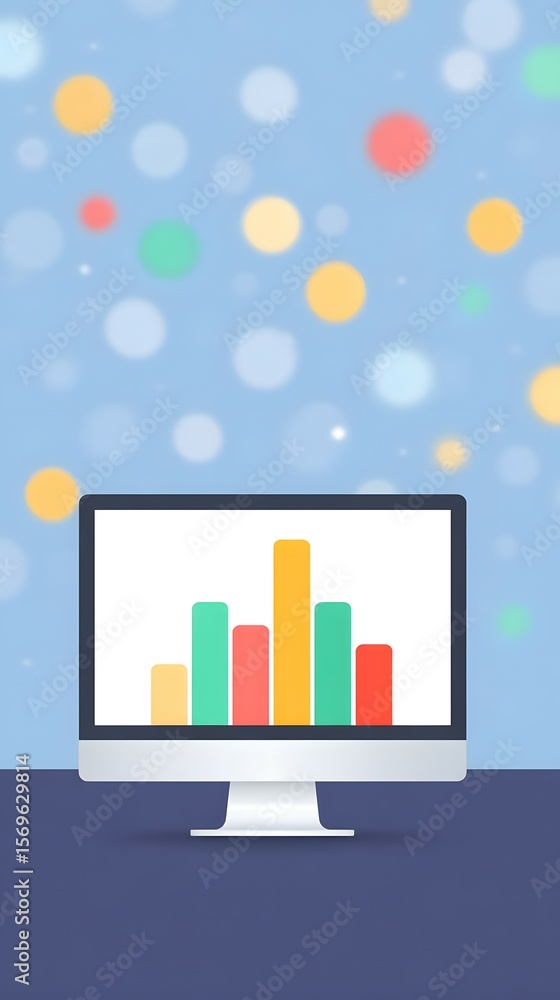 Poster a desktop computer displays a colorful bar chart against a blurred background with pastel circles.
