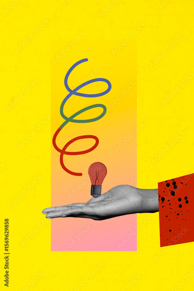 Poster template sketch image composite artwork collage of hand hold idea lamp bulb line doodle puzzle solut