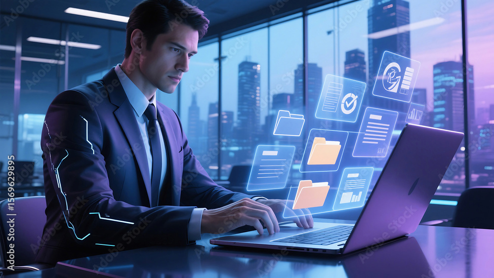 Poster man in suit working on laptop with floating document icons in a futuristic office setting at night