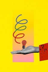 Template sketch image composite artwork collage of hand hold idea lamp bulb line doodle puzzle...