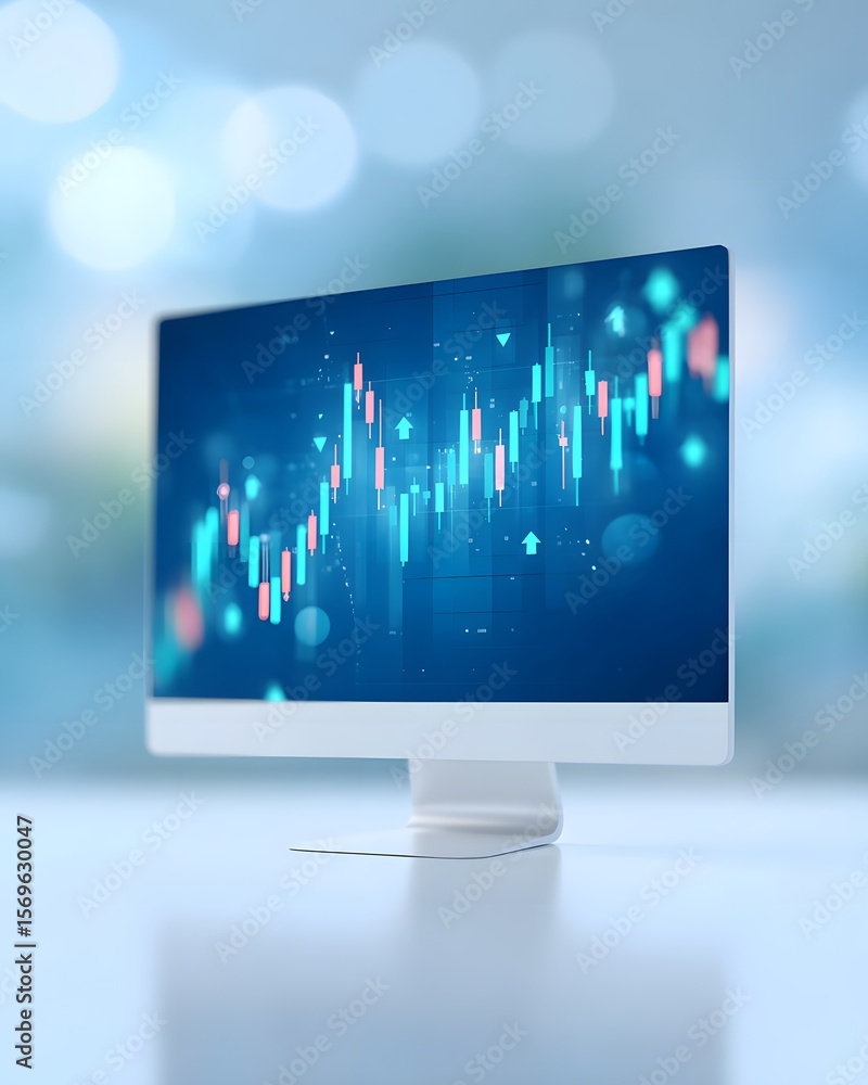 Poster a sleek computer monitor displays a vibrant stock market chart with candlestick patterns and trend i