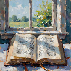 Open Book by the Window in Sunlight – Oil Painting Style, High-Quality Printable Art

