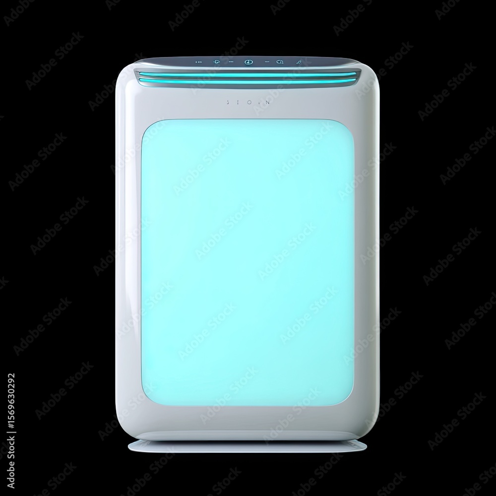 Poster sleek air purifier unit with glowing power button, designed for modern interiors. this device enhanc