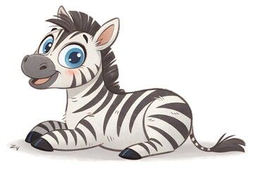 An adorable cartoon illustration of a cute baby zebra with big blue eyes, lying down with a happy, friendly smile.
 generative ai
