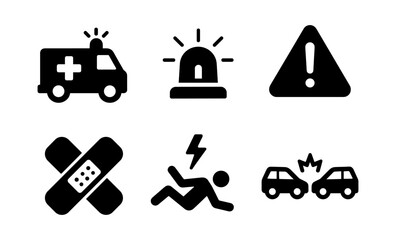 Emergency icons set featuring ambulance, alert sign, bandage, accident, and collision symbols