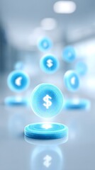Digital blue holographic dollar symbols float in a futuristic, blurred office setting, representing finance and technology integration.