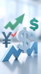 A 3D illustration featuring currency symbols and upward financial graphs representing economic growth and market trends.