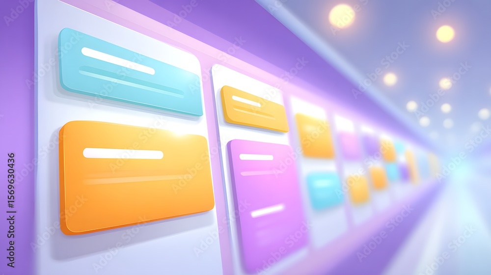 Poster colorful digital sticky notes arranged in rows on a wall, representing organization and planning in 
