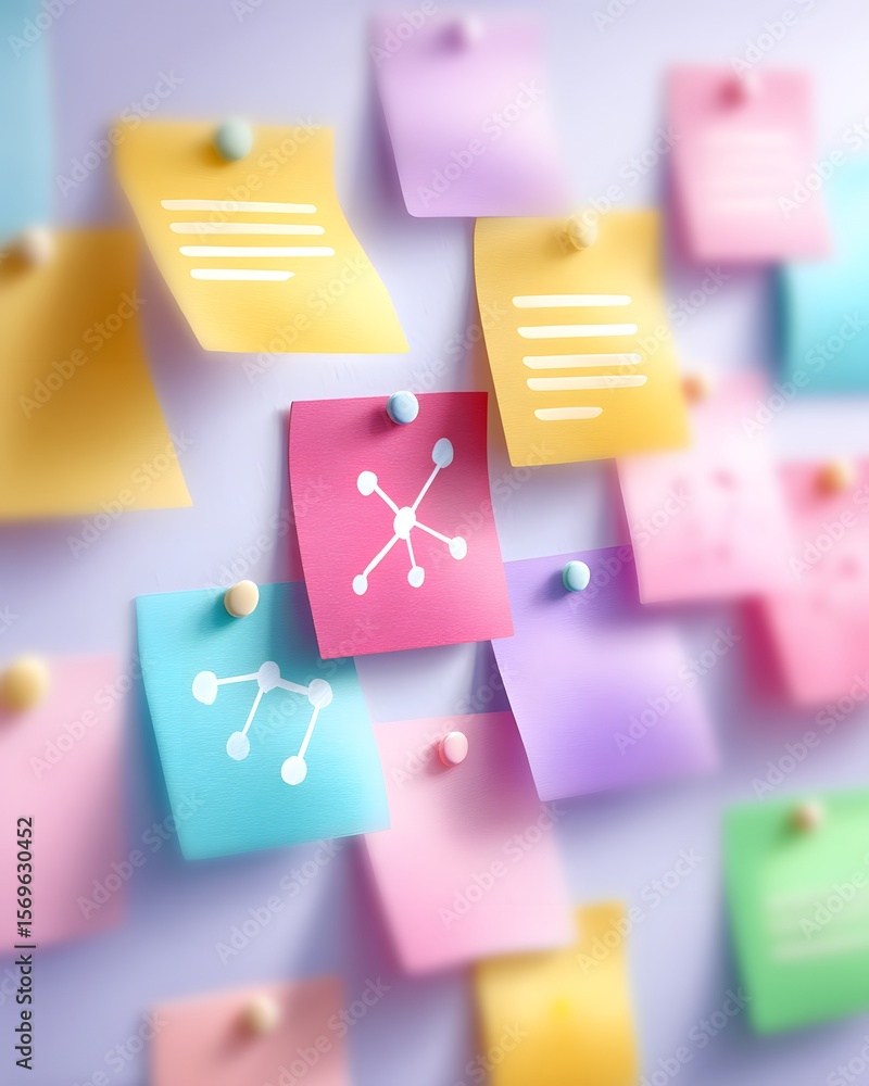 Poster colorful sticky notes pinned on a board, featuring diagrams and written notes, creating a vibrant an
