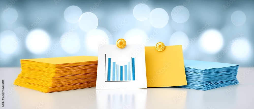Poster stacks of yellow and blue sticky notes with a bar chart and blank sticky notes pinned in front, set 