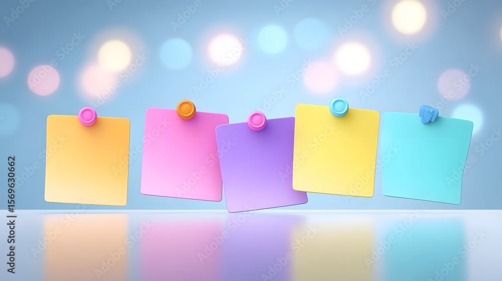 Poster five colorful sticky notes pinned on a reflective surface with a soft bokeh background in pastel ton