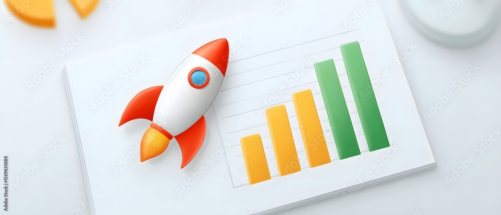 Poster a small rocket model is placed on a paper showing a rising bar chart, symbolizing growth and progres