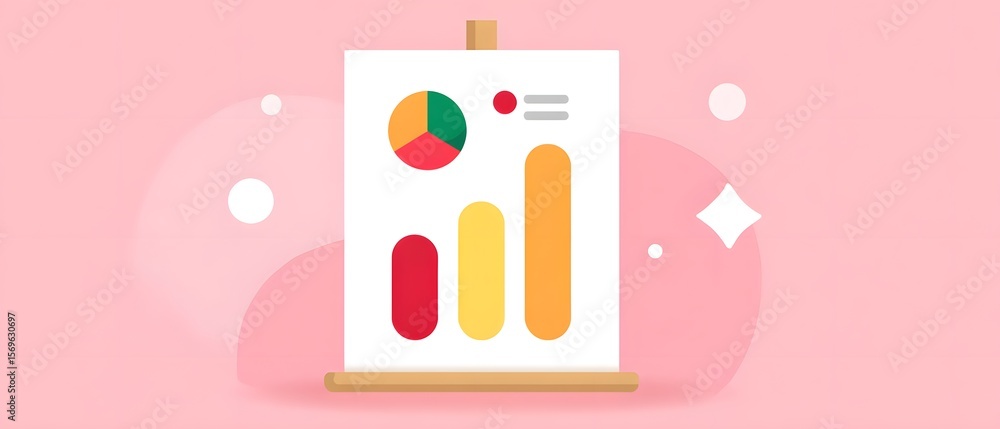 Aufkleber a colorful infographic on a white presentation board in front of a pink background, featuring pie an