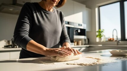 Woman skillfully kneading fresh dough in a bright modern kitchen setting preparing bread