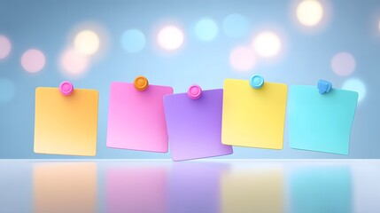 Five colorful sticky notes pinned on a reflective surface with a soft bokeh background in pastel tones.
