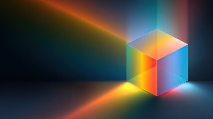Holographic 3D cube floating in space with light refraction, symbolizing futuristic digital innovation