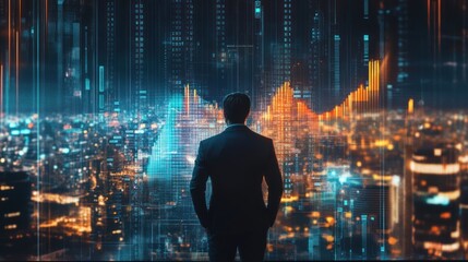 Visionary businessman analyzing market trends with a digital city skyline