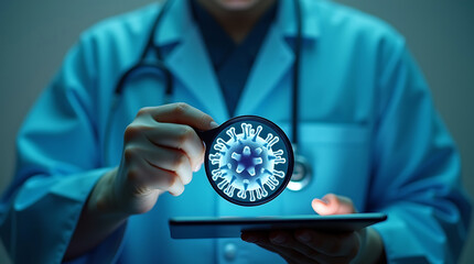 Doctor examines a glowing virus particle under a magnifying glass on a tablet
