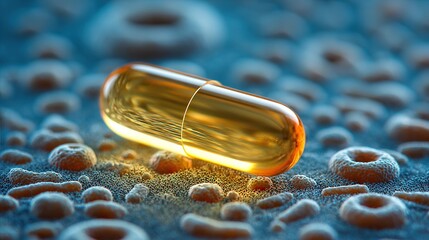 Sunlight through a vitamin D capsule with blurred cells, symbolizing health and longevity science