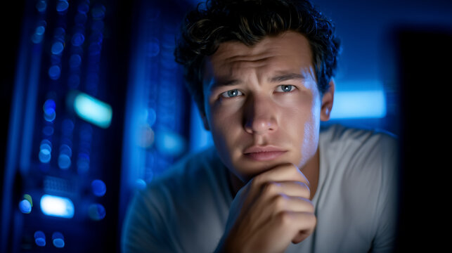 Young man thoughtfully examines screens in advanced server room. Dimly lit with blue LED lights creating a high-tech vibe. Concept of technology, IT services, data analysis