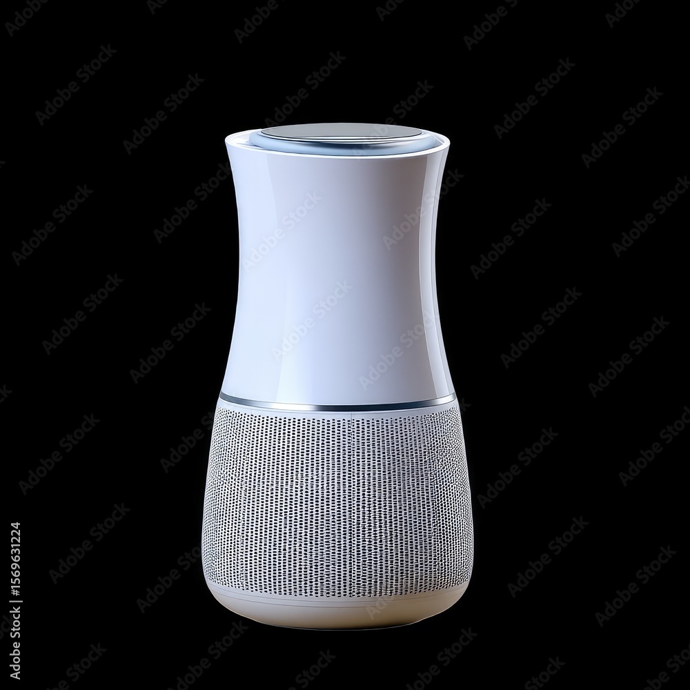 Poster sleek air purifier with modern design, featuring smooth white exterior and mesh base for optimal air