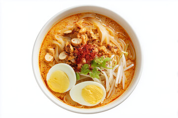 Top view japanese style ramen isolated on white background, Selective focus noodle bowl with broth, egg and sliced of meat on white background.